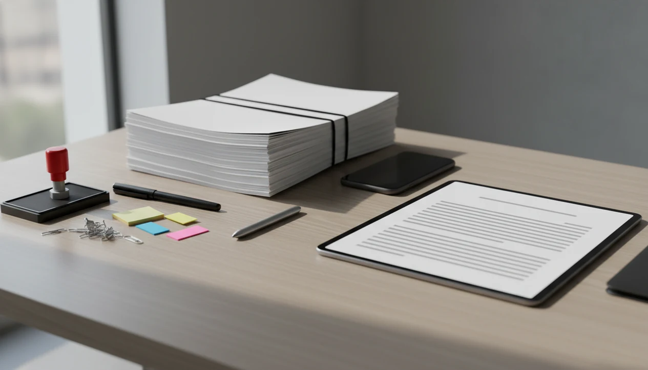 A desk still life contrasts a cluttered PDF workflow with a simpler phone-based document conversion setup.