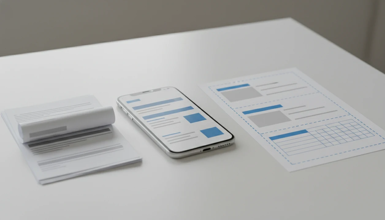 A phone between paper pages and an editable document layout, showing PDF conversion to Word.