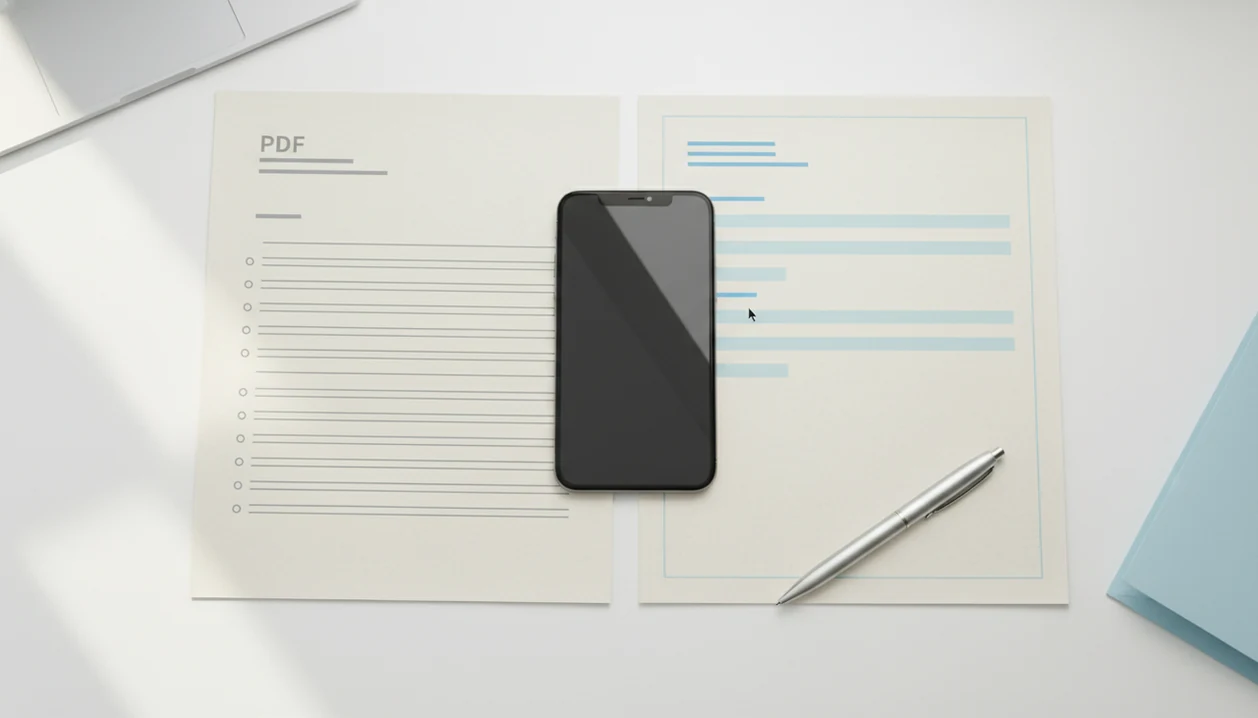 A phone sits between a PDF-style resume page and an editable document on a tidy desk.