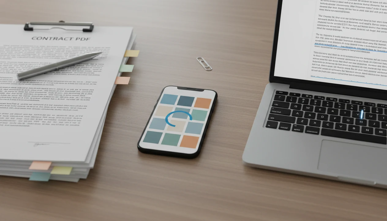 A phone converts a PDF contract into an editable document on a tidy desk.