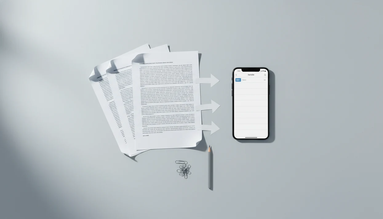 A smartphone and scanned document pages on a desk suggest converting PDF text into an editable Word file.
