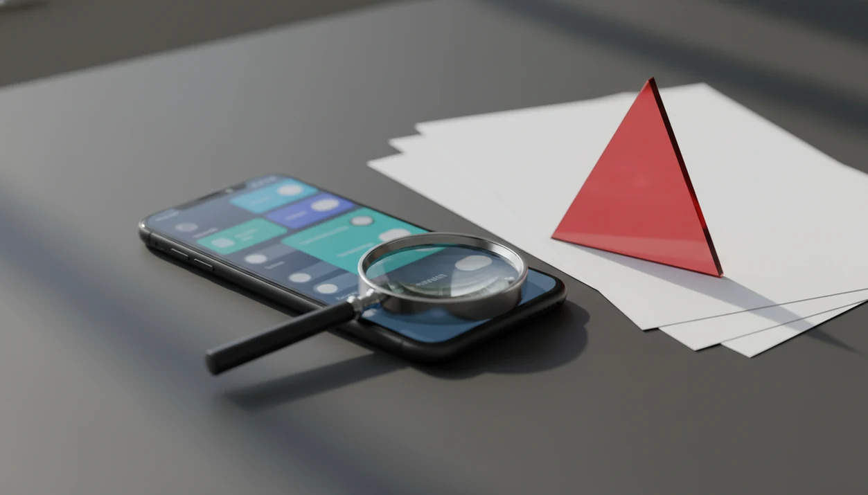A phone, documents, magnifying glass, and warning symbol suggest checking a PDF converter app before uploading files.