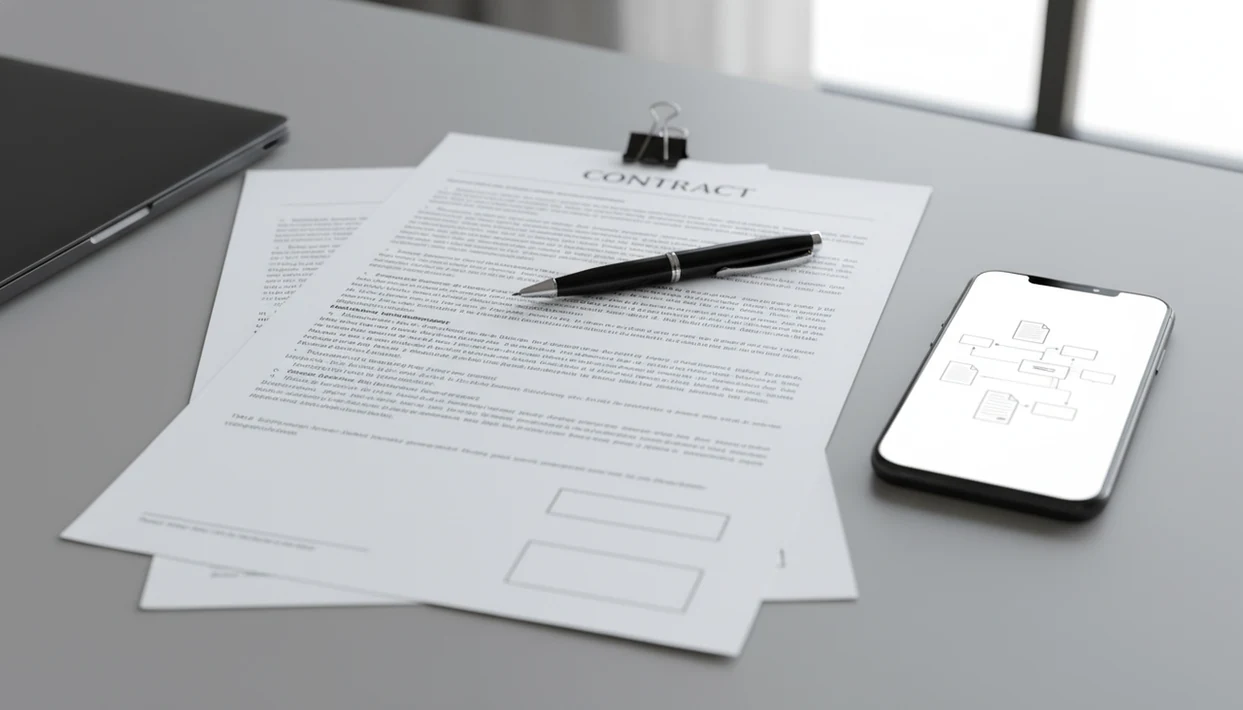 A smartphone and contract pages on a legal desk suggest converting a PDF agreement into an editable Word file.