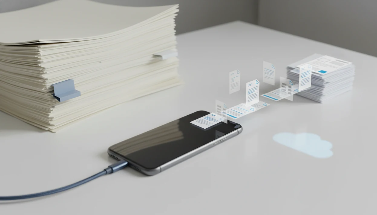 A phone converts a thick stack of large PDF pages into an organized editable document.