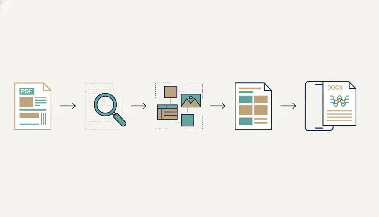 A text-free diagram shows OCR, layout parsing, and rebuilt document output in a mobile conversion flow.