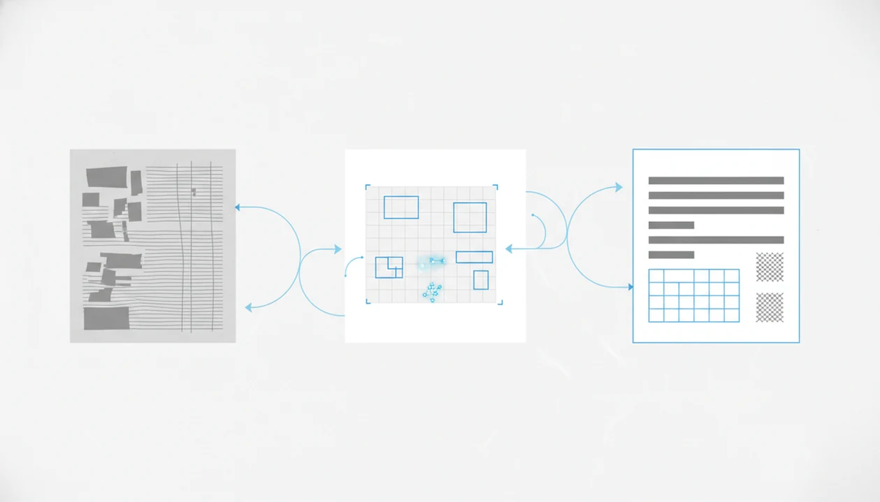 A simple diagram shows a scanned page becoming recognized blocks and then an editable document layout.