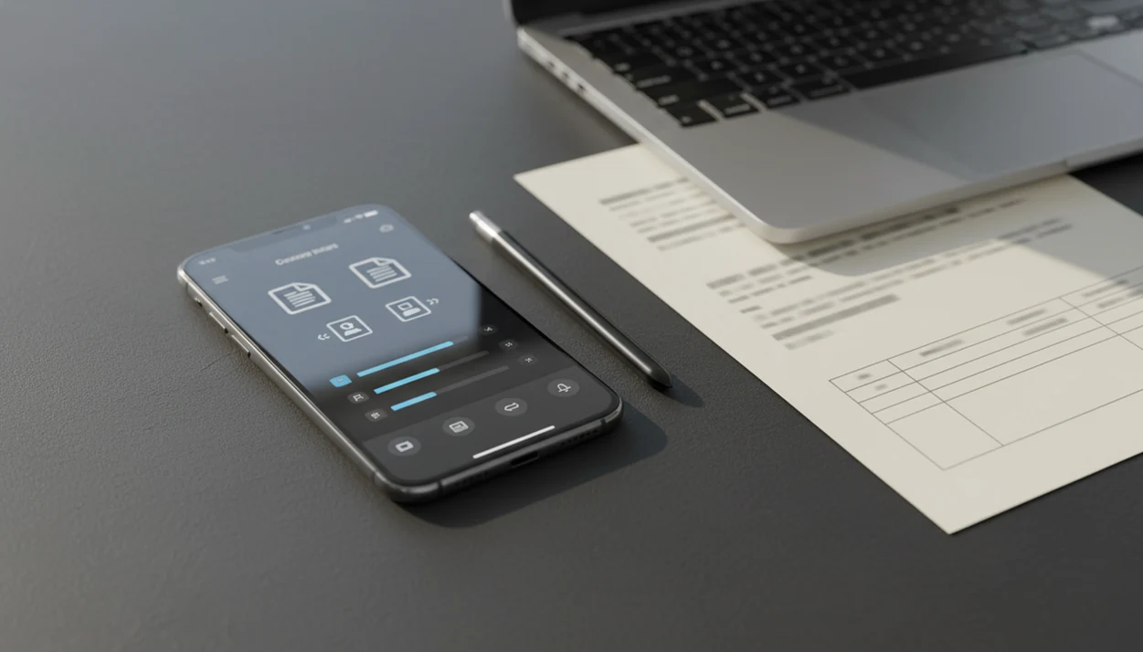 A smartphone beside a scanned paper document suggests converting a PDF into an editable Word file.