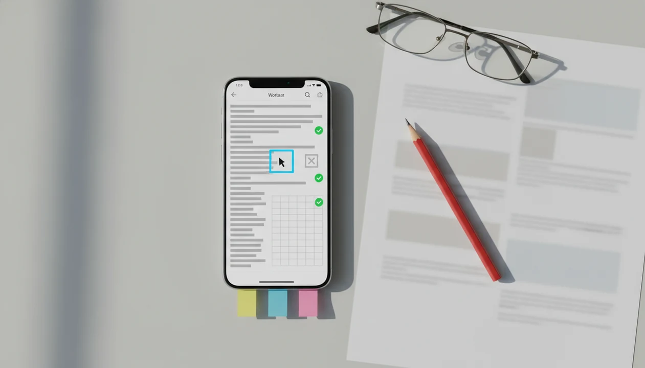 A phone shows an editable document checklist beside a printed PDF and proofreading pencil on a desk.