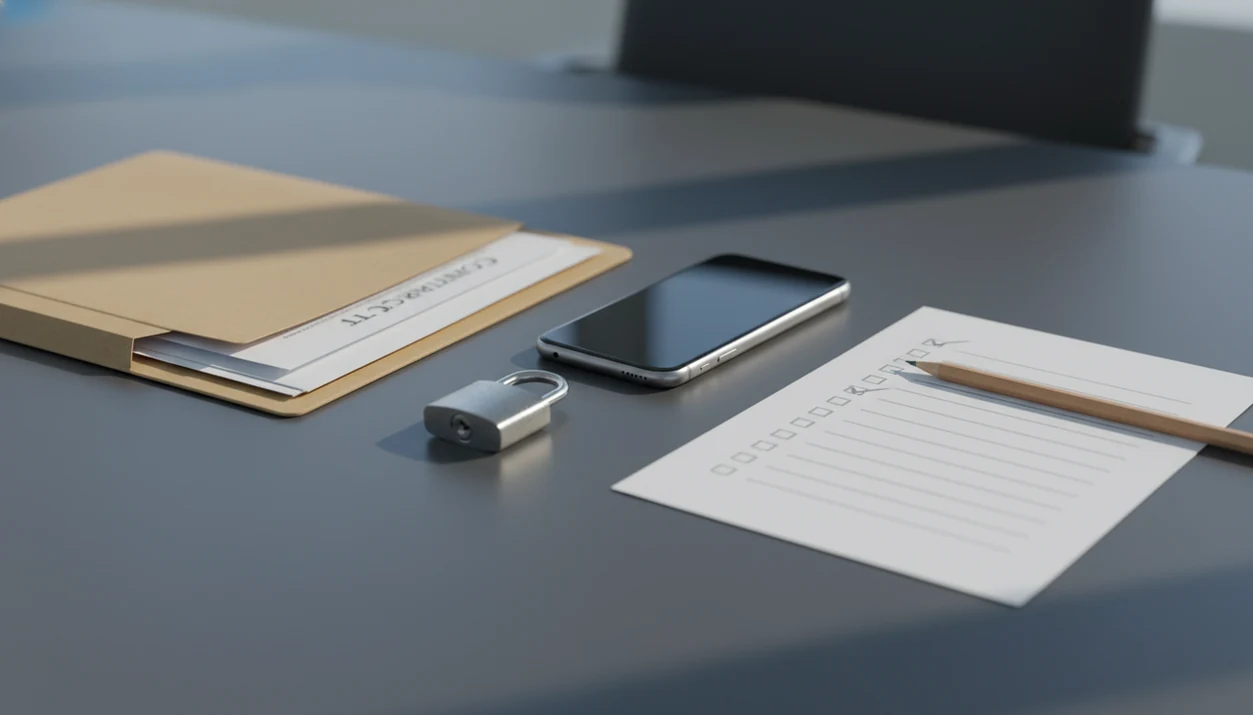 A secure contract conversion workspace with a legal folder, phone, padlock, and checklist on a desk.