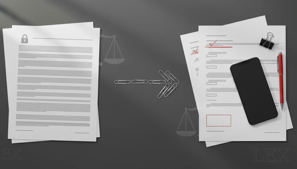A desk flat lay shows blurred contract pages being converted into a redlined editable document.