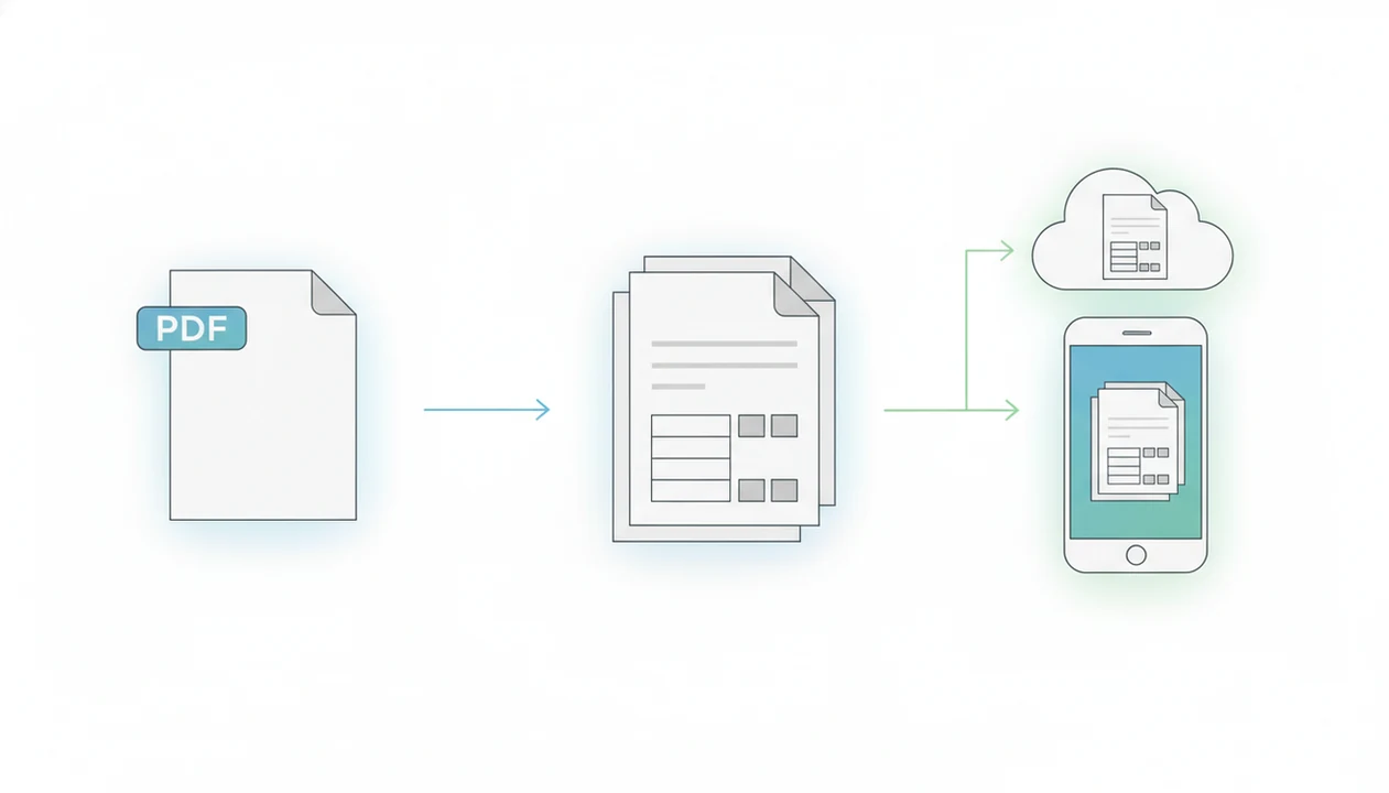A clean workflow illustration shows a PDF becoming an editable document for mobile cloud editing.