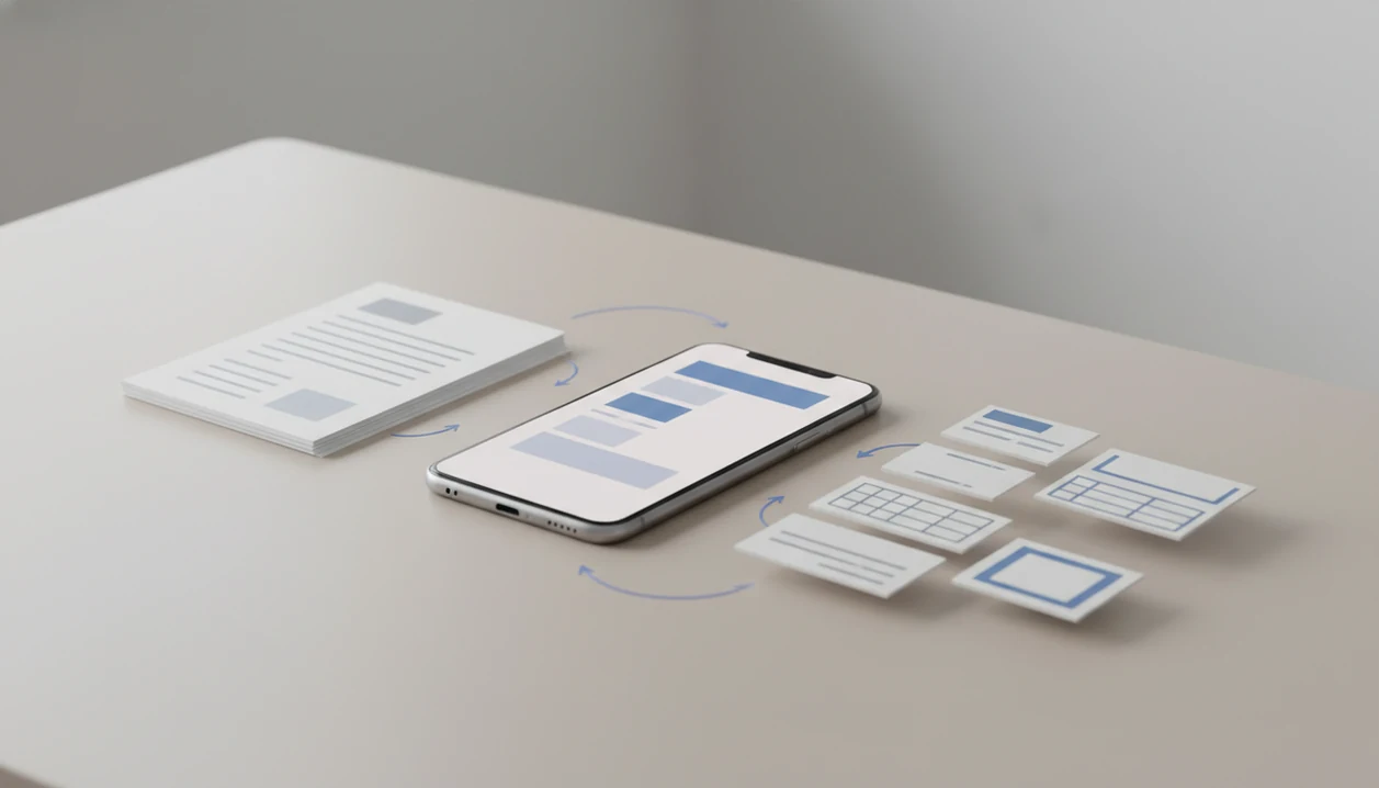 A smartphone shows abstract PDF pages becoming editable document blocks on a clean desk.