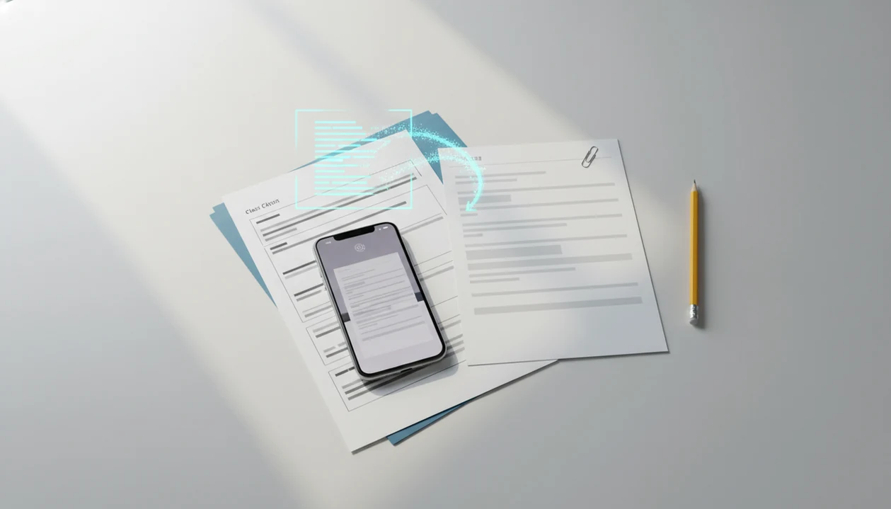 An iPhone beside a scanned handout and editable document layout showing an OCR-to-Word workflow.