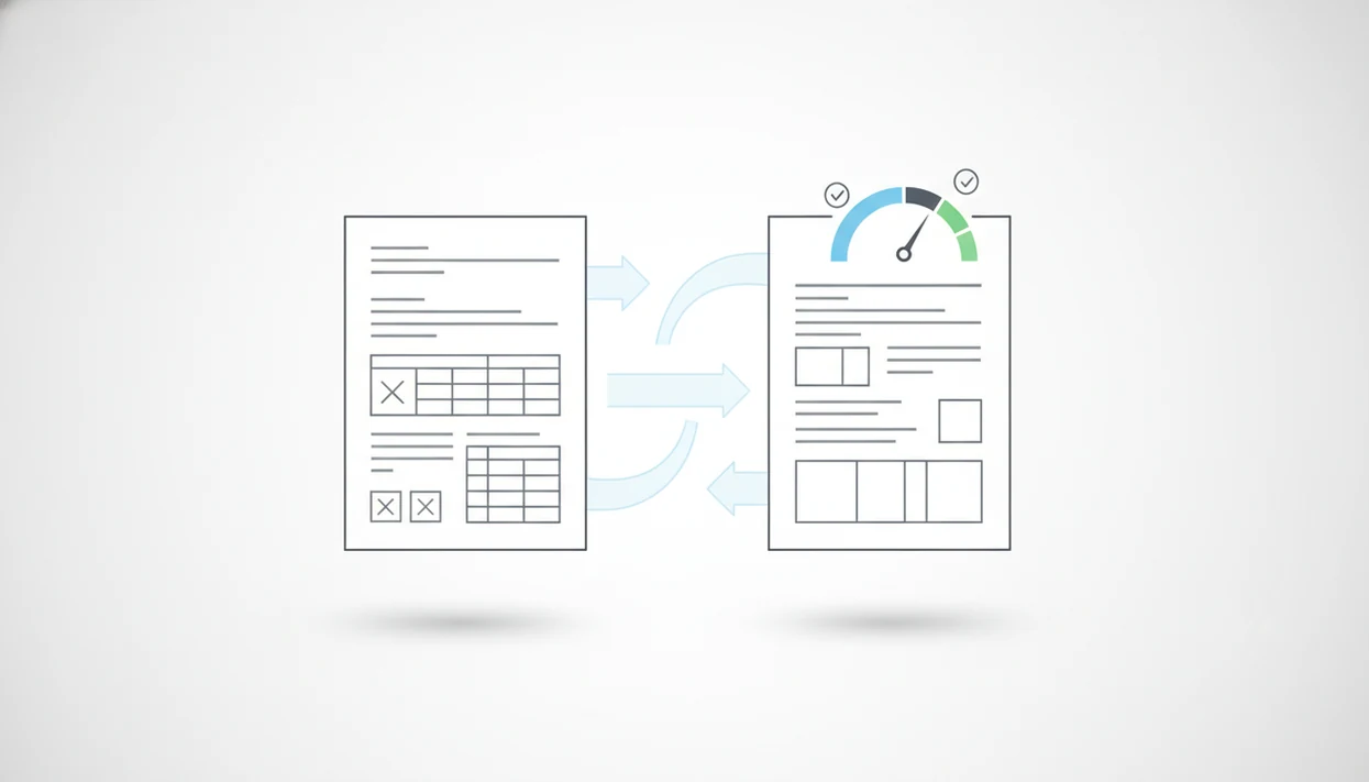 An abstract PDF to Word conversion quality score diagram with pages, layout blocks, and a meter.