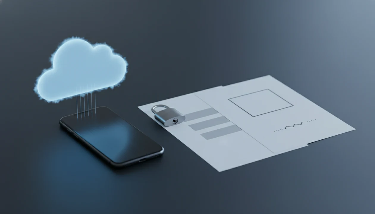 A phone, blank documents, cloud-like light, and padlock symbolize PDF conversion file retention risks.