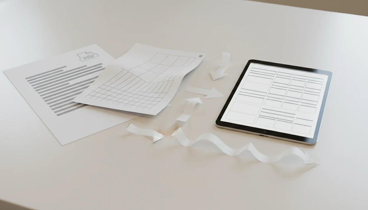 A desk scene compares clean PDFs and scanned pages being converted into an editable document layout.