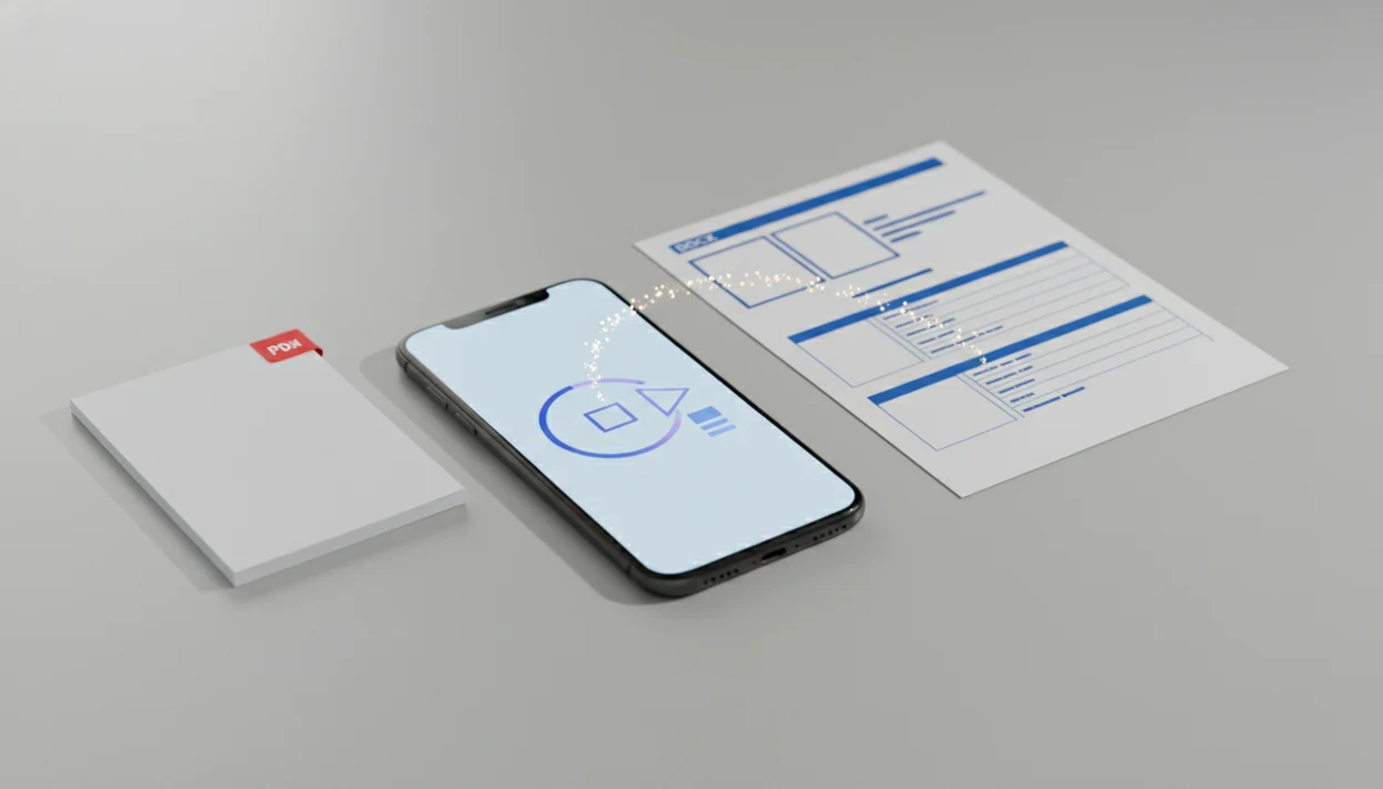 A smartphone visually converts a PDF-style document into an editable Word-style file on a clean desk.