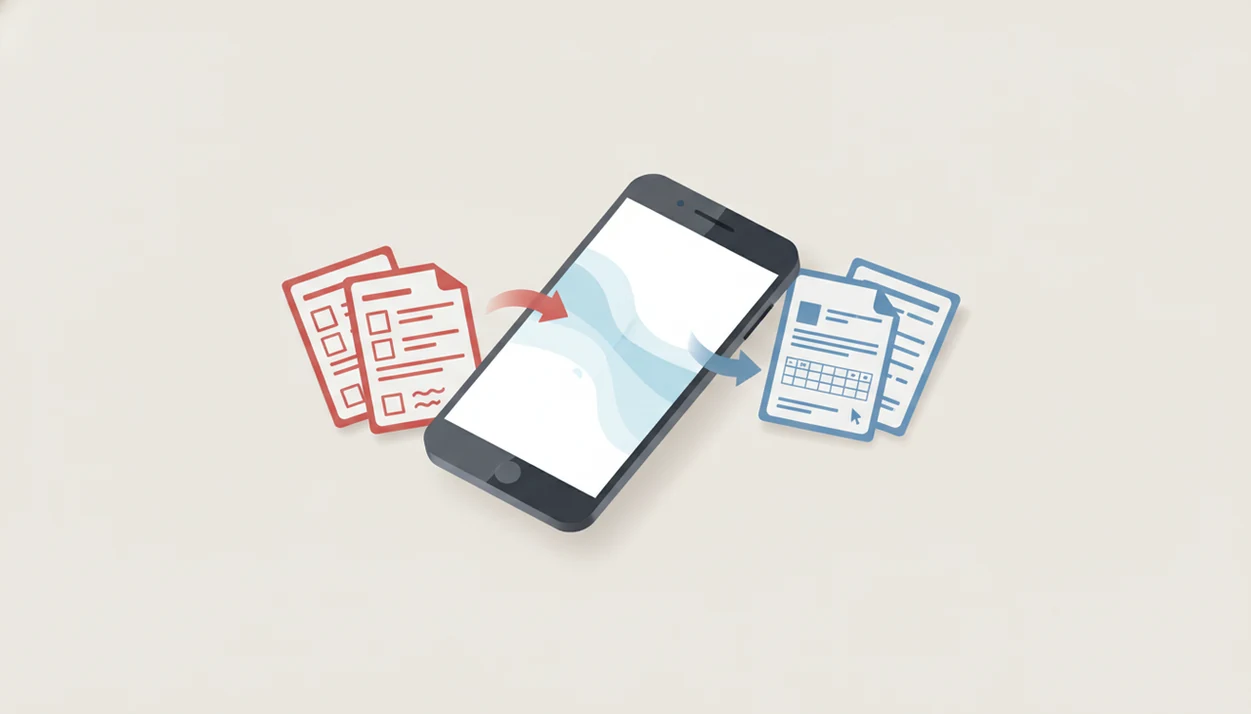 A smartphone with abstract PDF pages changing into editable document pages.