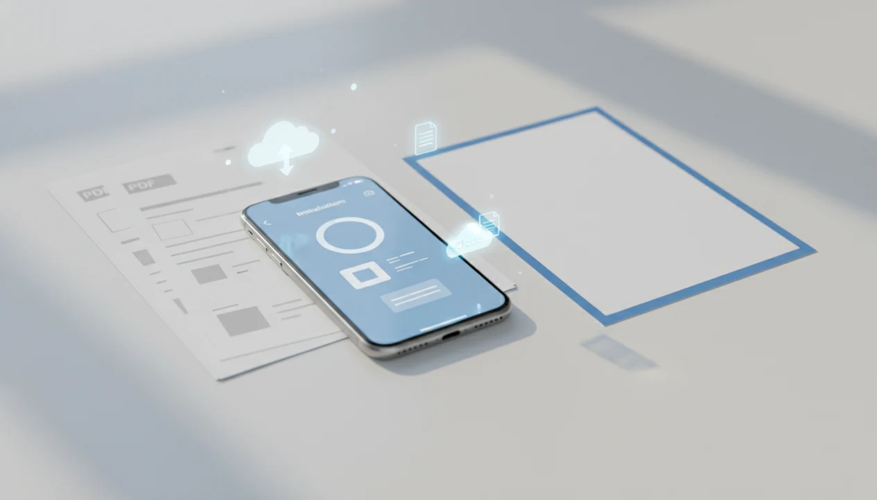 An iPhone on a desk with PDF pages visually transforming into an editable document file.