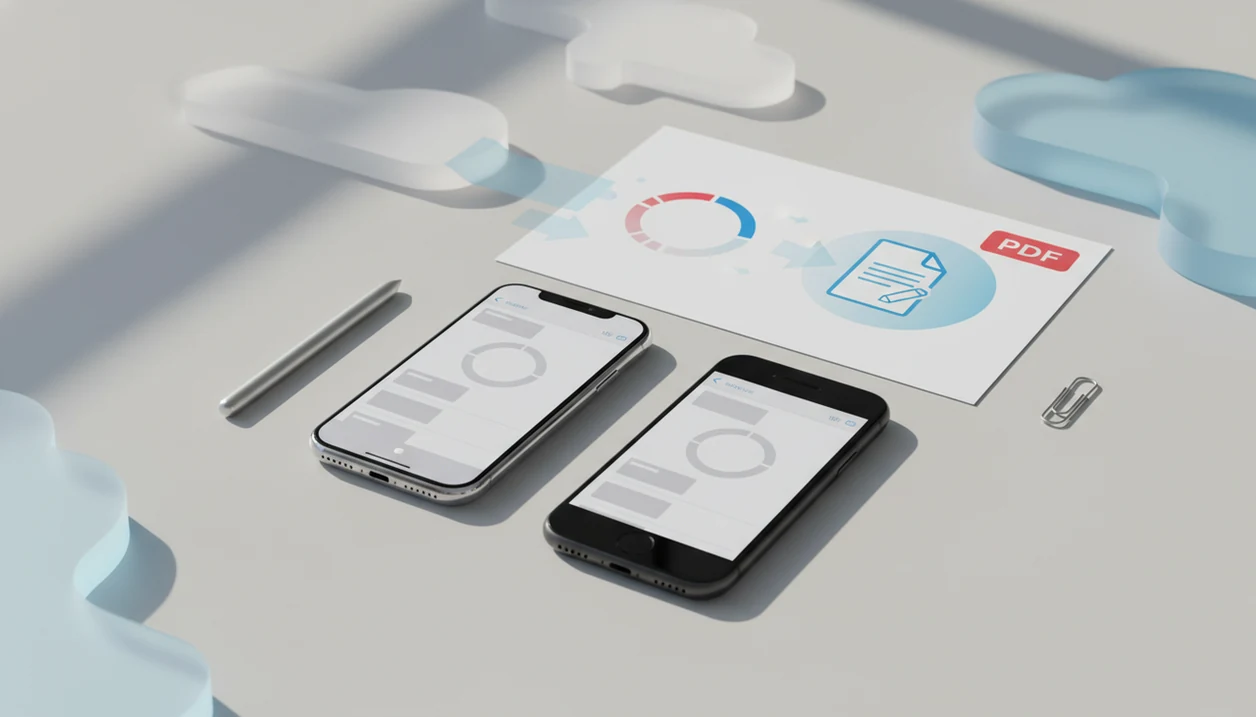 Two smartphones show a PDF converting into an editable Word document on a clean desk.