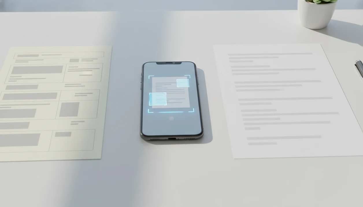A scanned paper, smartphone OCR scan, and editable document arranged on a clean desk.