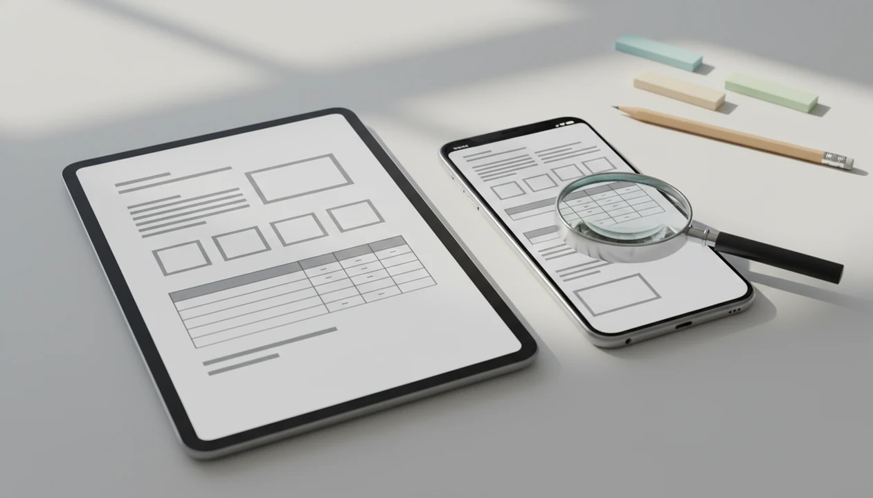 A tablet and phone show matching document pages, with formatting errors highlighted by a magnifying glass.