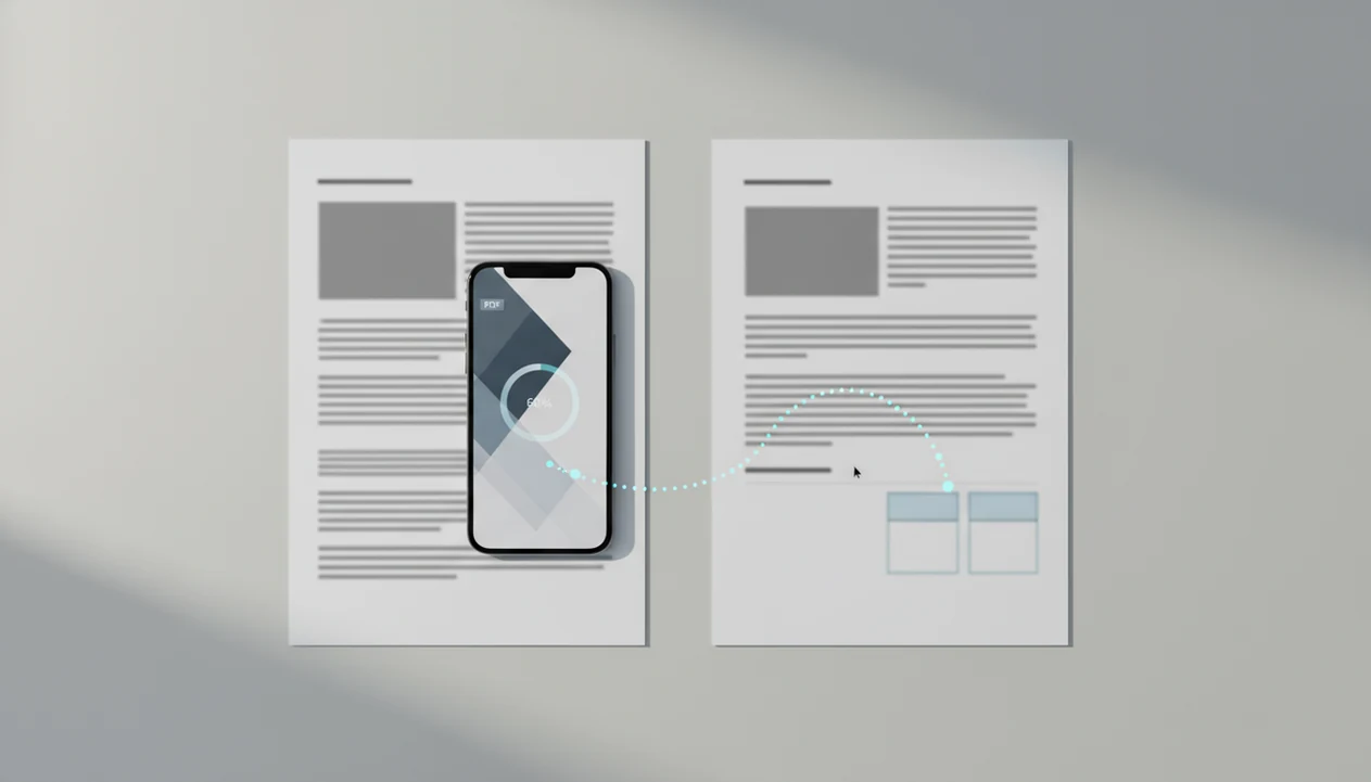 A phone on a desk visually connects a PDF-style page to an editable document page.