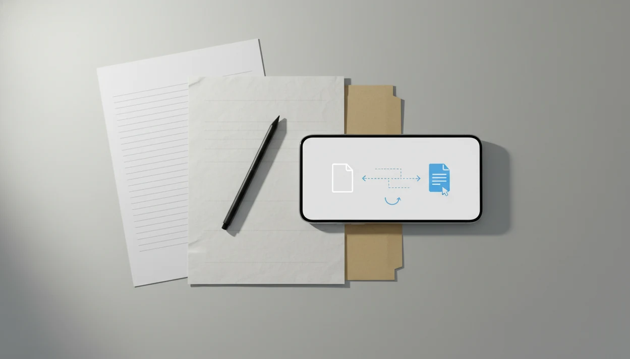 A smartphone on a desk shows a simple PDF-to-DOCX conversion concept beside paper documents.