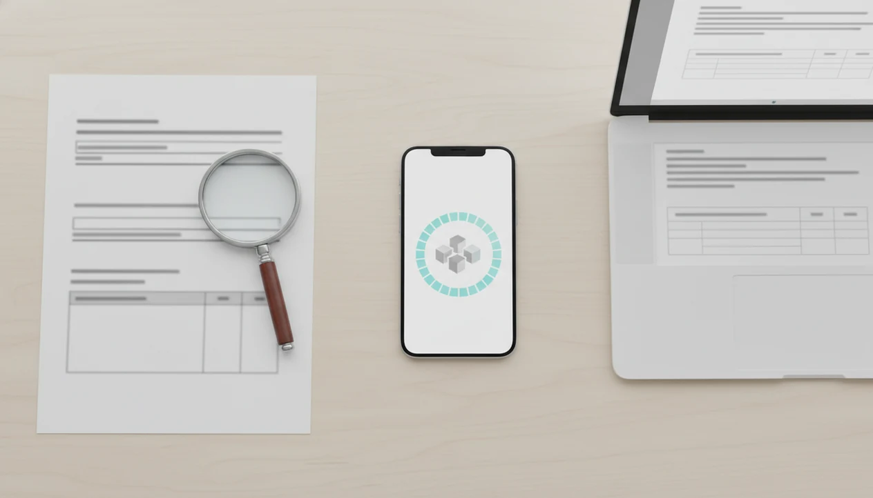 A desk setup shows a scanned paper, phone conversion step, and editable document blocks on a tablet.