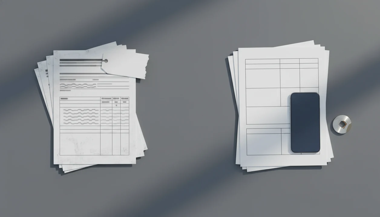 A desk flat lay contrasts messy converted pages with clean document pages beside a smartphone.