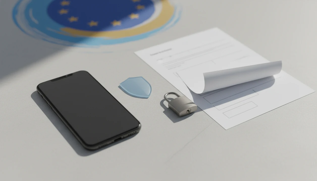 A smartphone, blank documents, and a padlock suggest secure GDPR-aware PDF to Word conversion.