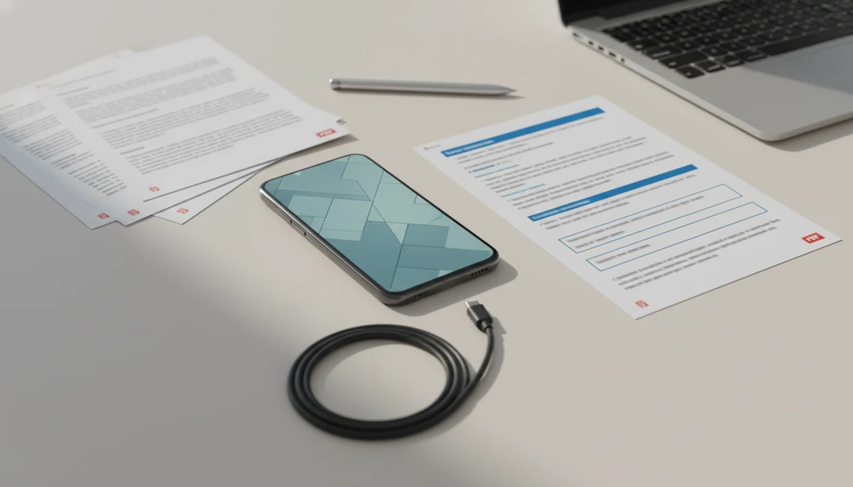 An Android phone on a desk between PDF pages and an editable document, suggesting PDF to Word conversion.