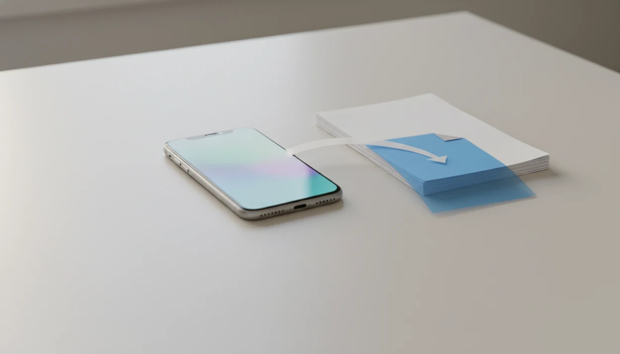 An iPhone on a desk beside paper documents and a blue editable file sheet, suggesting PDF to Word conversion.