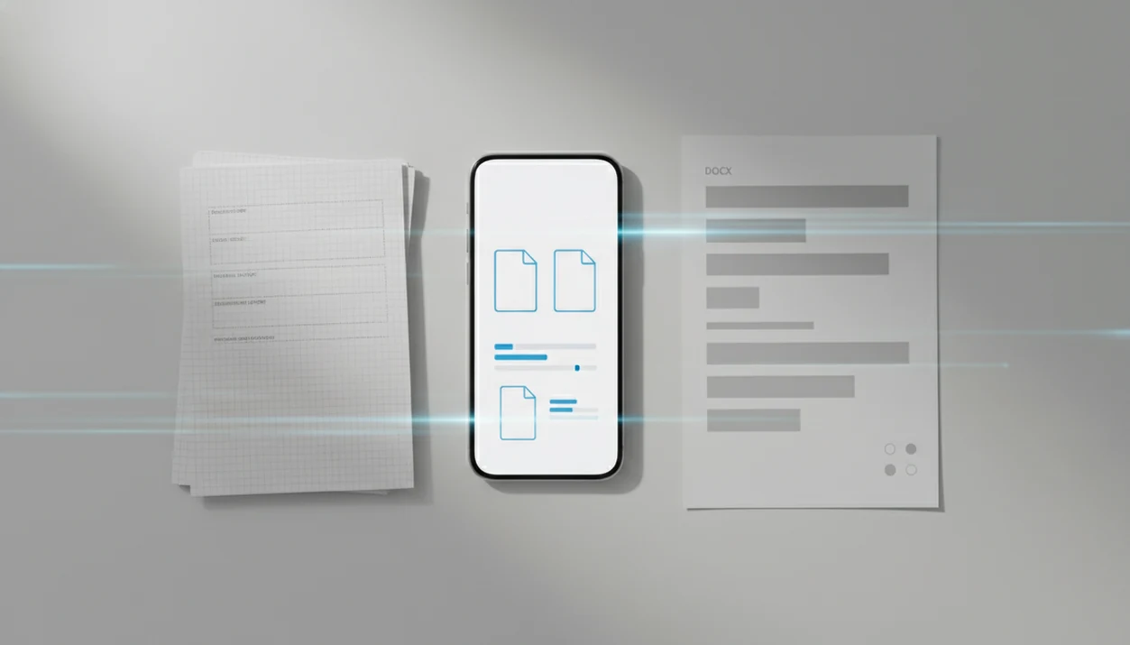 A phone on a desk visually transforms a PDF page stack into an editable Word-style document.