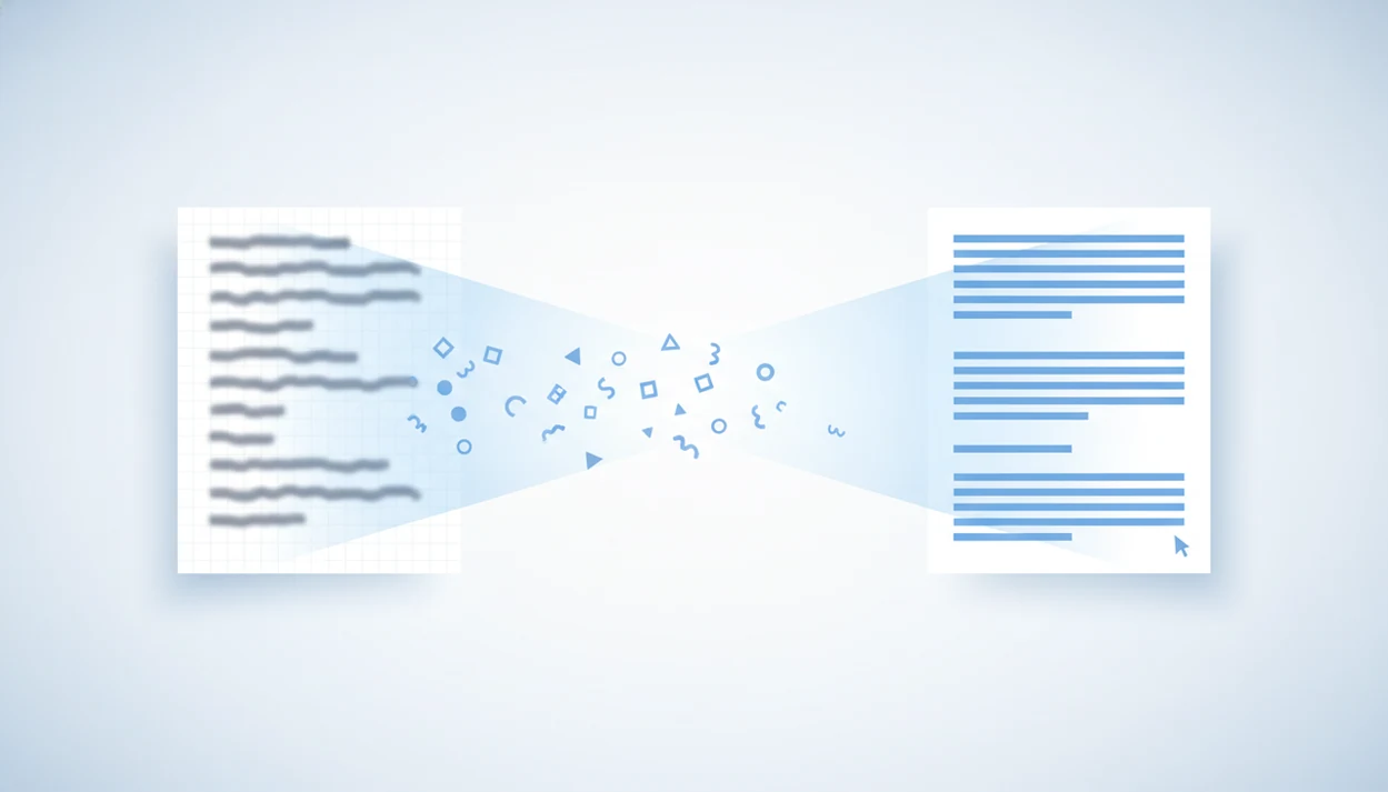 A scanned page is transformed through OCR into an editable document layout.