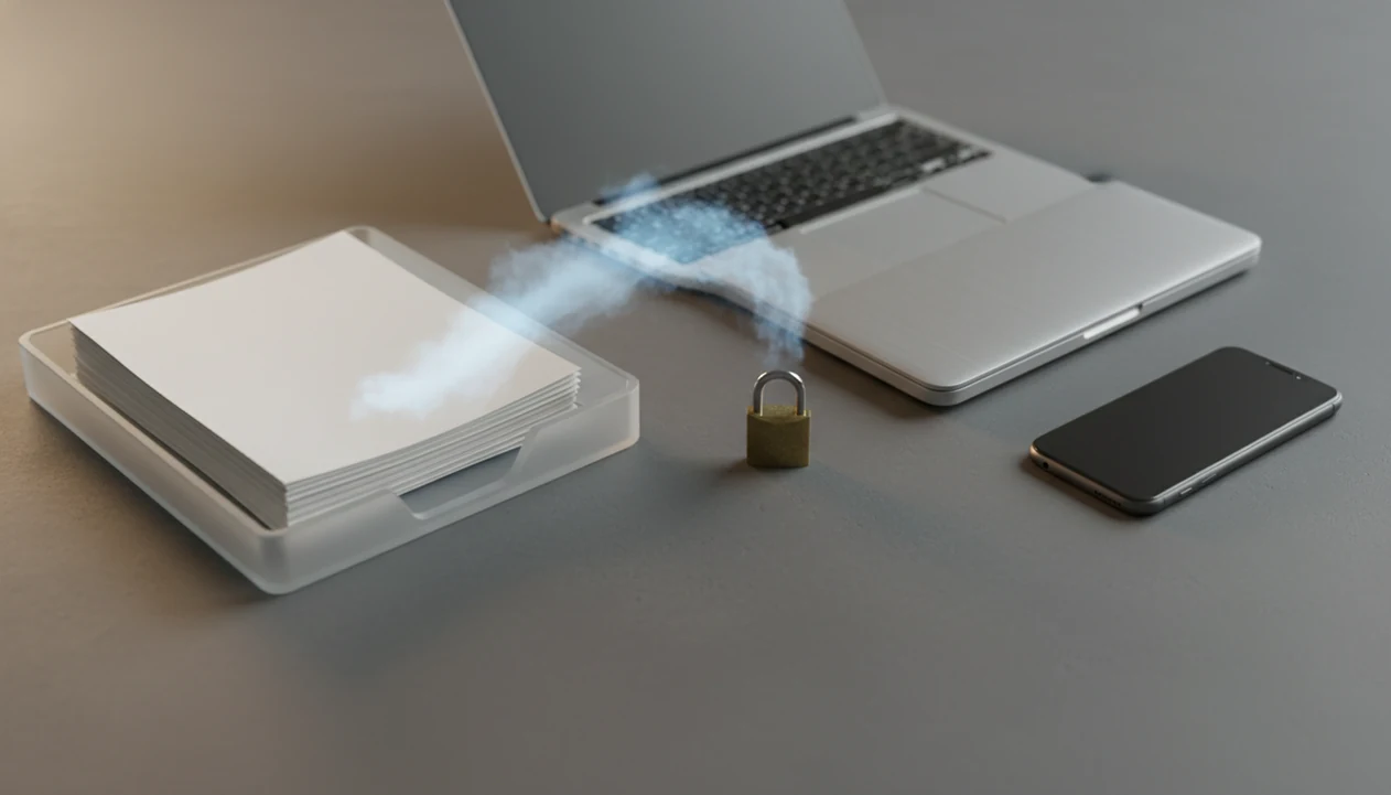 Unmarked documents, a padlock, and devices suggest caution before uploading a PDF for conversion.