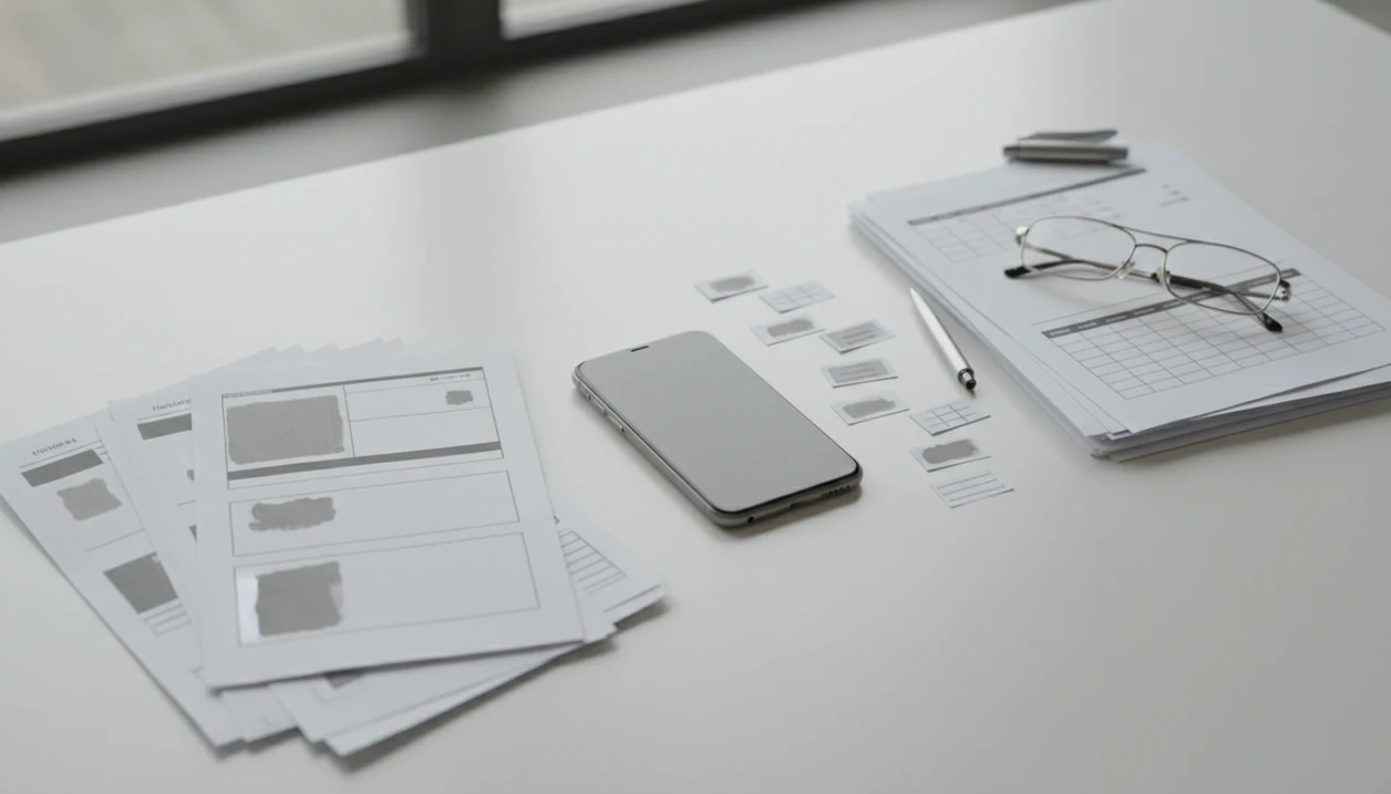 A phone sits between messy PDF pages and clean editable document pages on a bright desk.