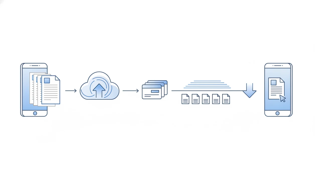 A visual pipeline shows a large mobile PDF moving through upload, processing, OCR, and DOCX return stages.