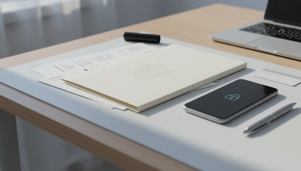 A secured medical folder, blank phone, and office tools suggest safe handling of patient PDF files.