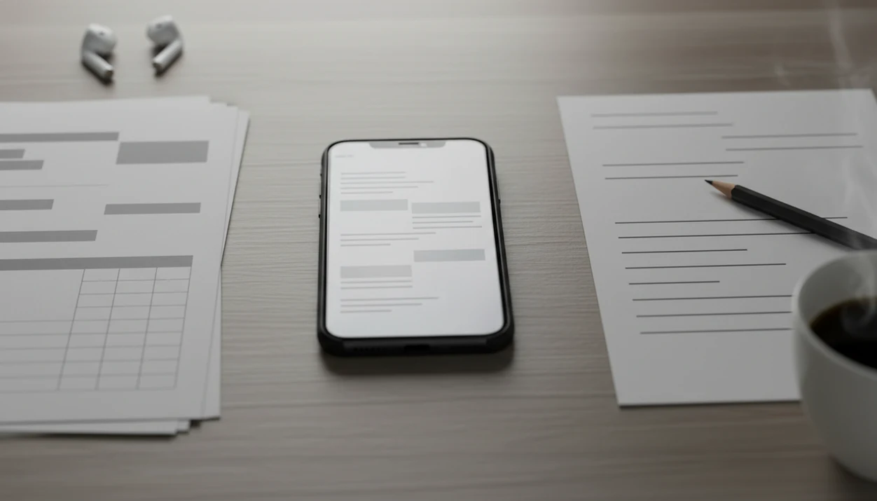 A smartphone on a desk visually bridges a fixed PDF stack and an editable document page.