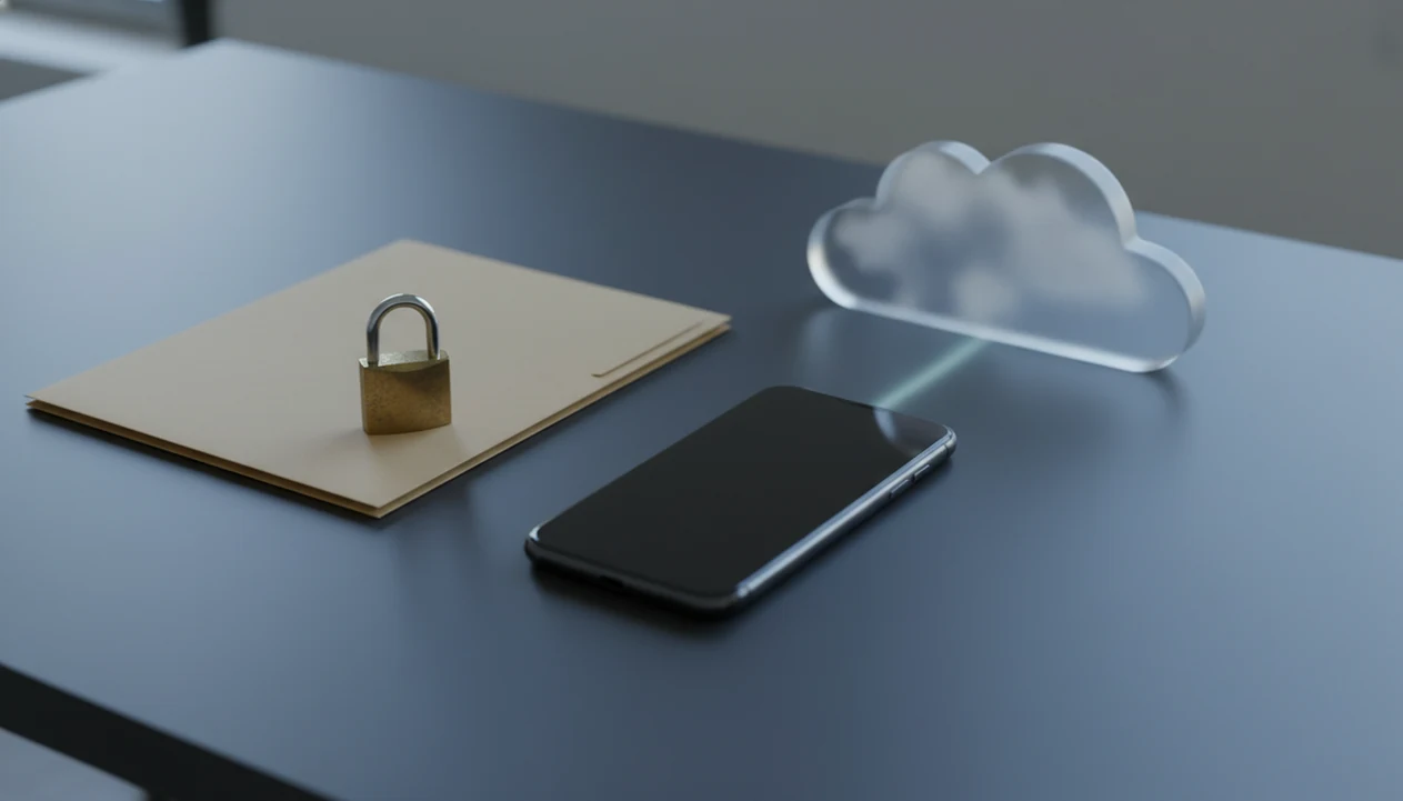 A smartphone sits between a locked folder and a cloud-shaped form, symbolizing offline and cloud conversion choices.