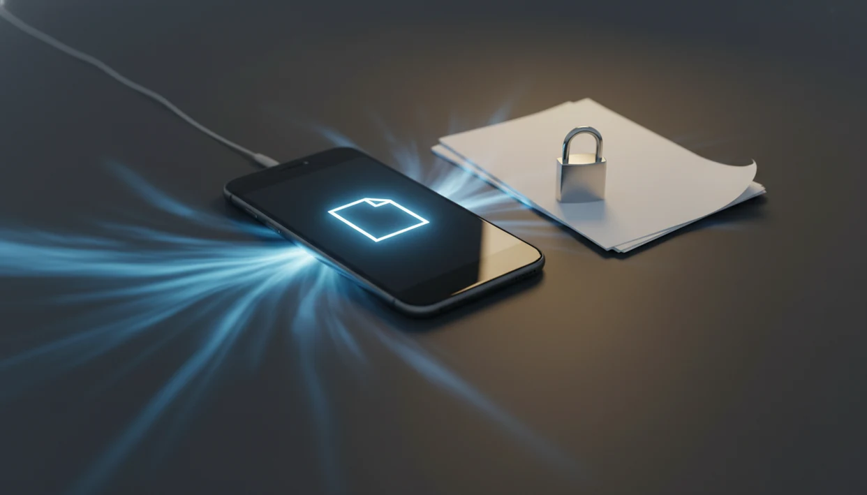 A smartphone between cloud-like network light and a padlock, comparing online and offline PDF conversion.