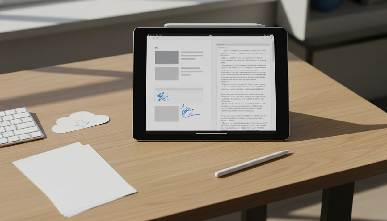 An iPad workspace shows a PDF-style page becoming an editable document beside an Apple Pencil.