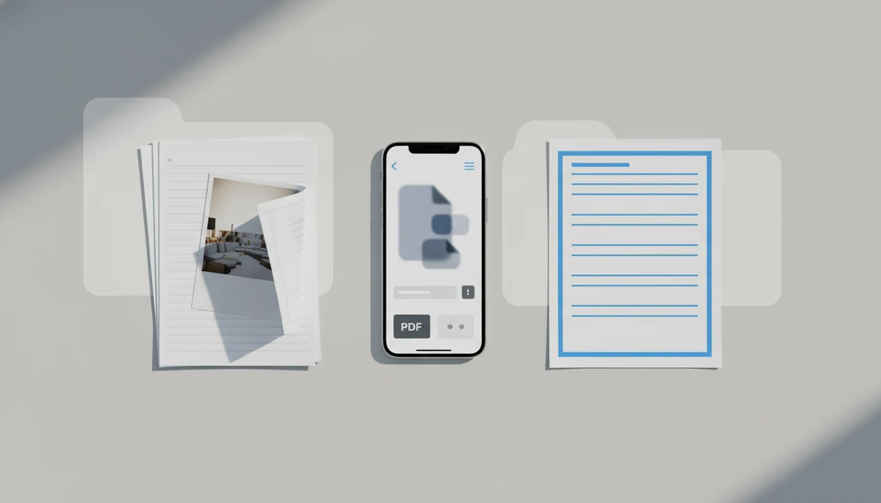 An iPhone on a desk between PDF pages and a clean editable document, suggesting mobile conversion.