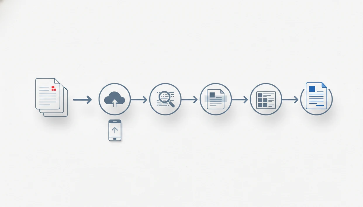 A clean visual timeline shows a PDF moving through conversion stages into an editable document.