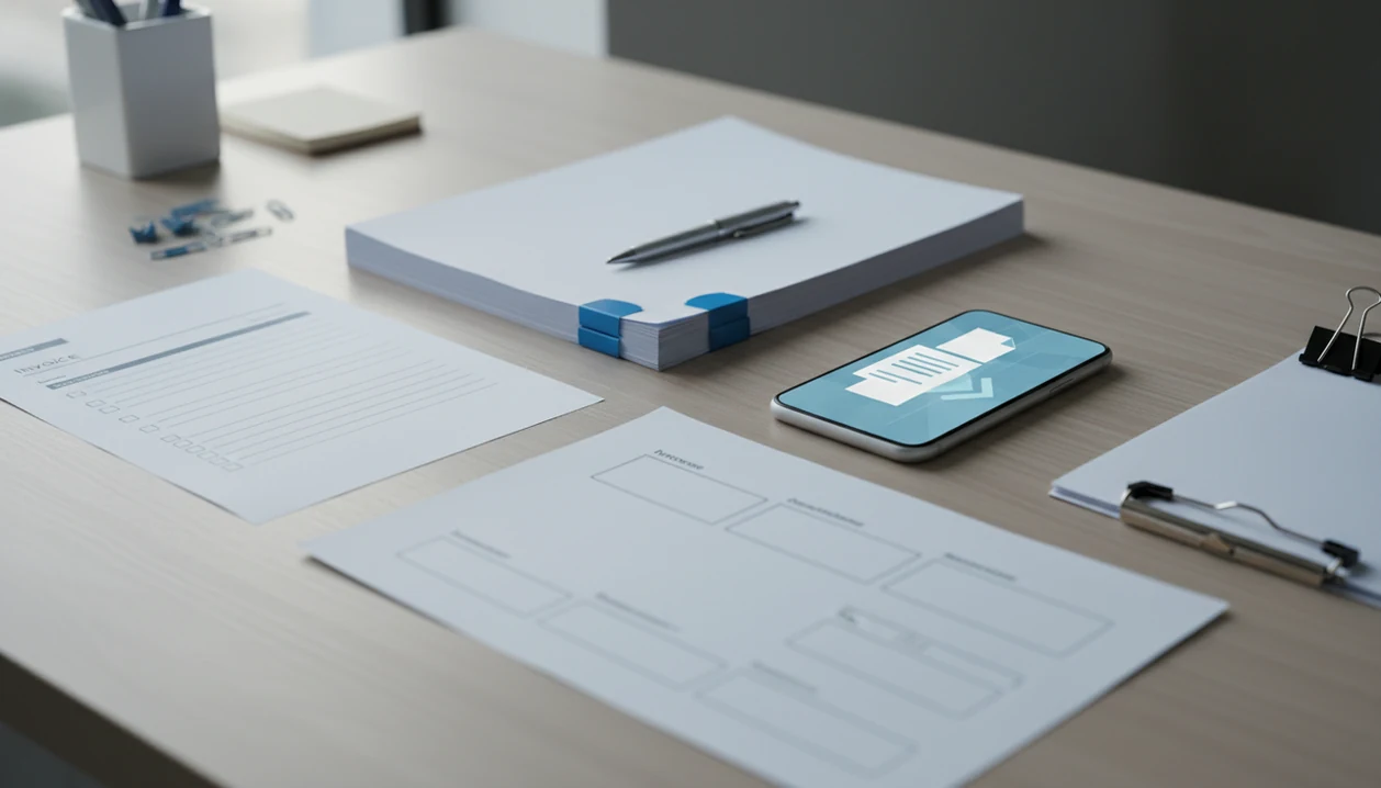 A tidy admin desk shows office PDFs, reports, forms, and a phone ready to convert files to Word.