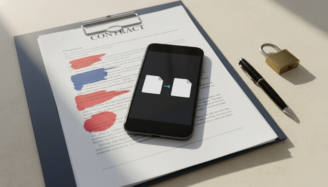 A smartphone beside marked-up contract pages, a pen, and a small lock on a lawyer’s desk.
