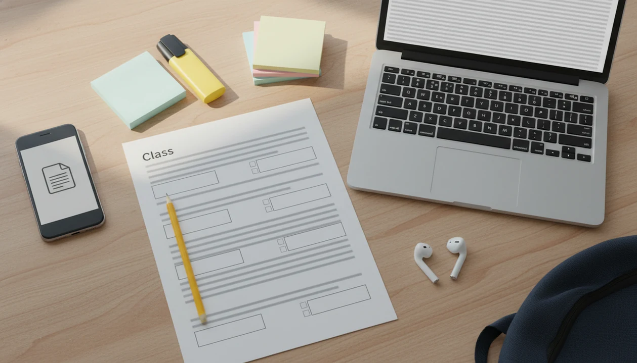 A student desk shows a phone, class handout, and laptop arranged for converting a PDF into an editable Word file.