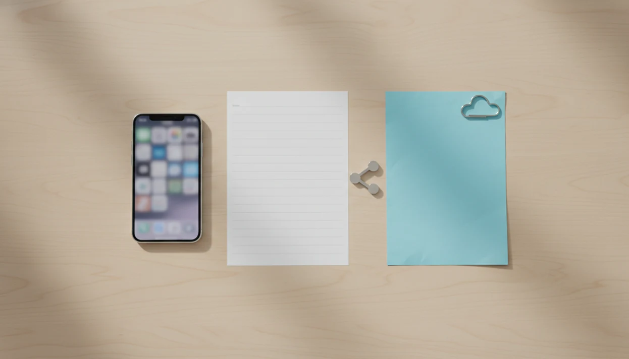 A clean desk flat lay shows an iPhone, a PDF sheet, and a blue document arranged as a conversion workflow.