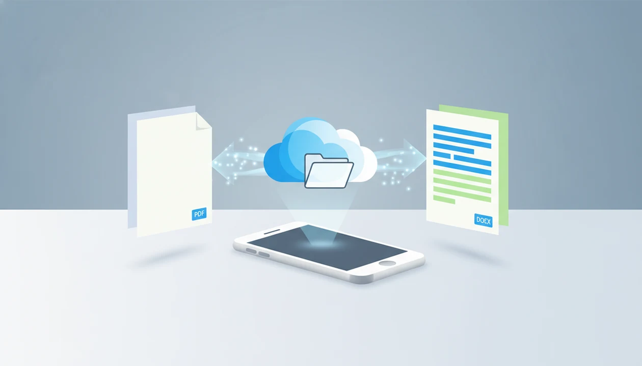 A phone, cloud folder, and document pages illustrate converting a Drive PDF into an editable DOCX on mobile.